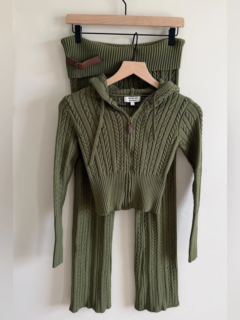 Frankie’s Bikinis Cable Cloud Knit Hoodie + Pant Set in Jade Green